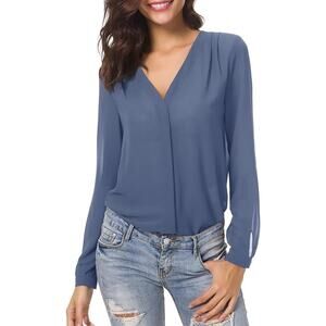 V Neck Ruffled Shoulder Business Casual Chiffon Blouse Button Down Shirt Blue XL